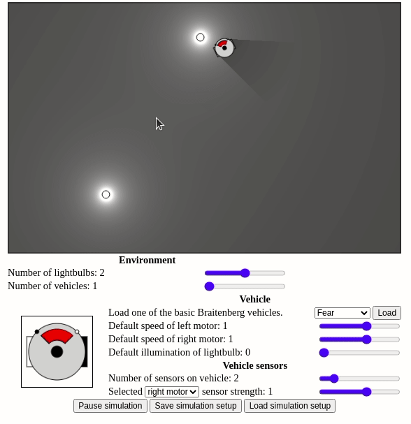 a Braitenberg vehicle called Love being simulated