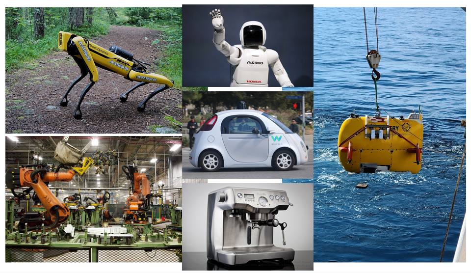 A collage of robots including AUV Sentry, Asimo, Waymo car, a coffee maker, factory assembly arms, and a Boston Dynamics Spot.