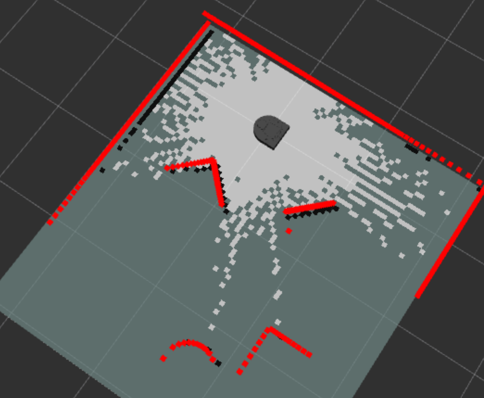 The Neato robot in the simulated Guantlet world with a small number of laser scans collected to localize.